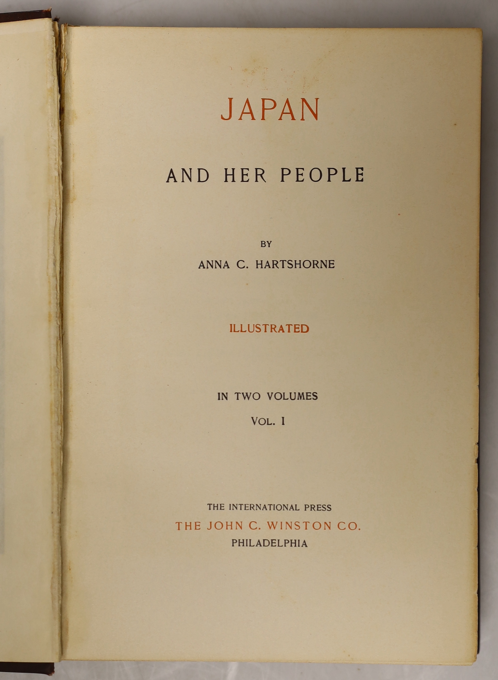 Hartshorne, Anna C. - Japan and Her People. 2 vols. 50 plates and a coloured, folded map; publisher's gilt pictorial cloth with gilt tops. Philadelphia, 1902; Hochberg, Count Fritz - An Eastern Voyage: a journal of trave